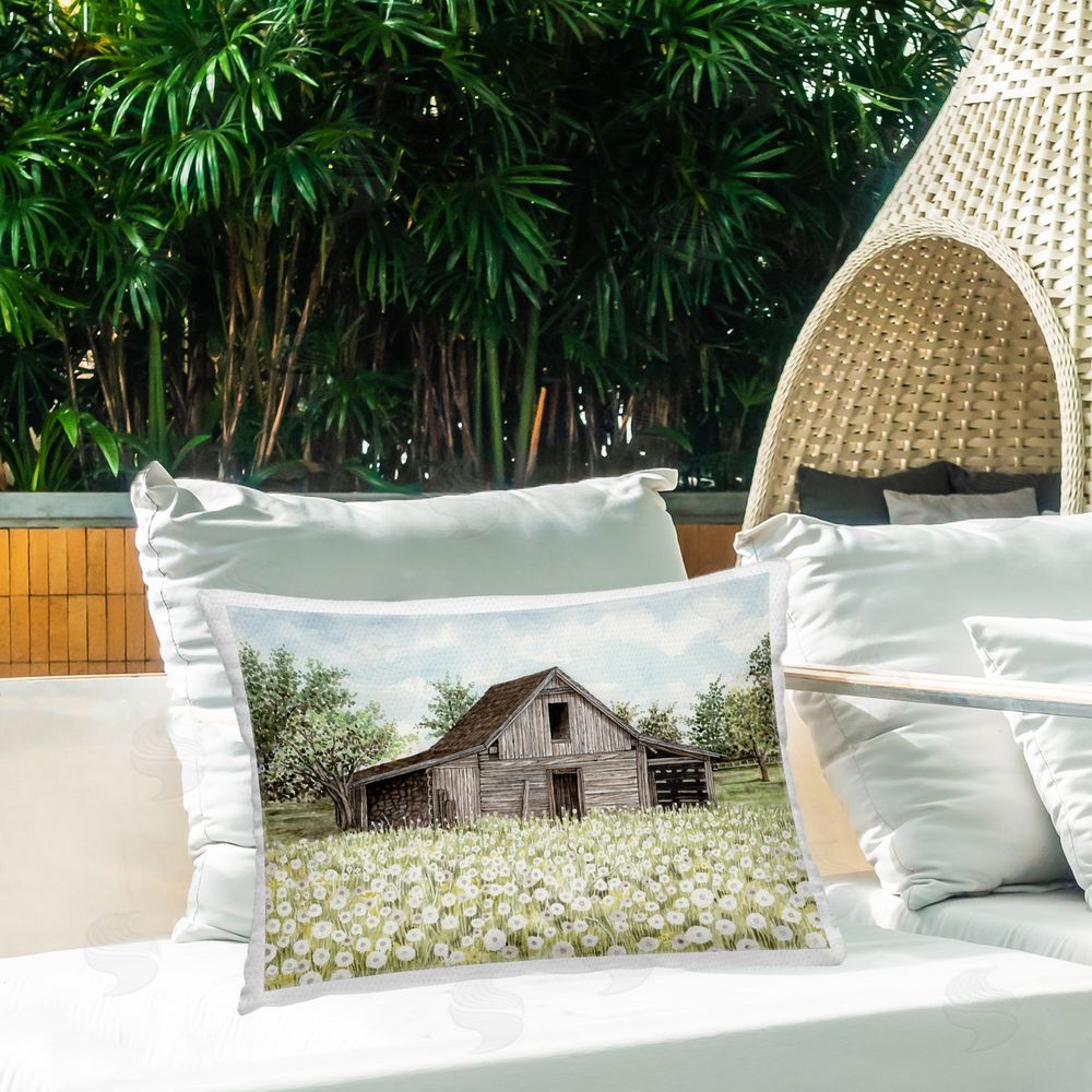 Cindy Jacobs White Poppy Farm Meadow Outdoor Quick-Dry Polyester Printed Throw Pillow in Back Yard
