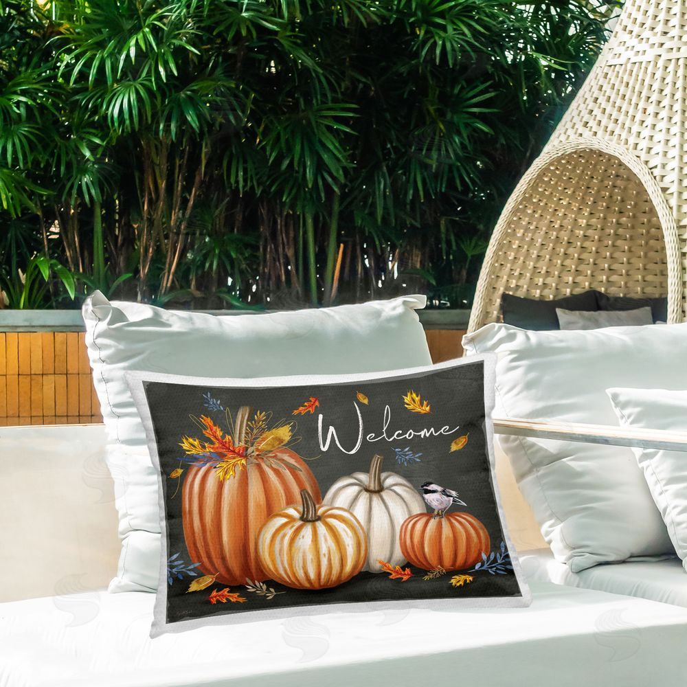 Elizabeth Tyndall Welcome with Autumnal Pumpkins Outdoor Quick-Dry Polyester Printed Throw Pillow in Back Yard