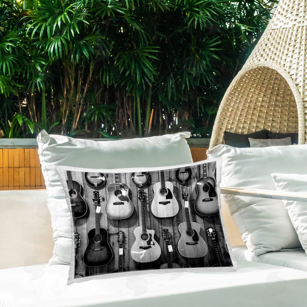 Jennifer Rigsby Acousitc Guitars Hanging Outdoor Quick-Dry Polyester Printed Throw Pillow in Back Yard