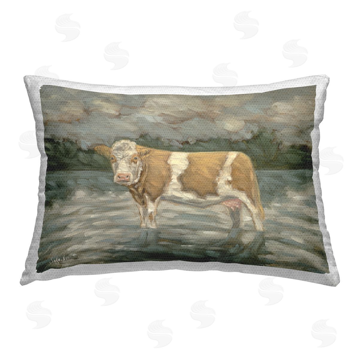 Sara G. Designs Cattle Wading in Shore Outdoor Quick-Dry Polyester Printed Throw Pillow