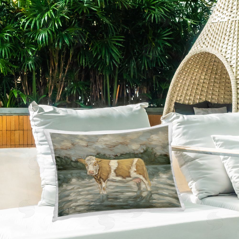 Sara G. Designs Cattle Wading in Shore Outdoor Quick-Dry Polyester Printed Throw Pillow in Back Yard