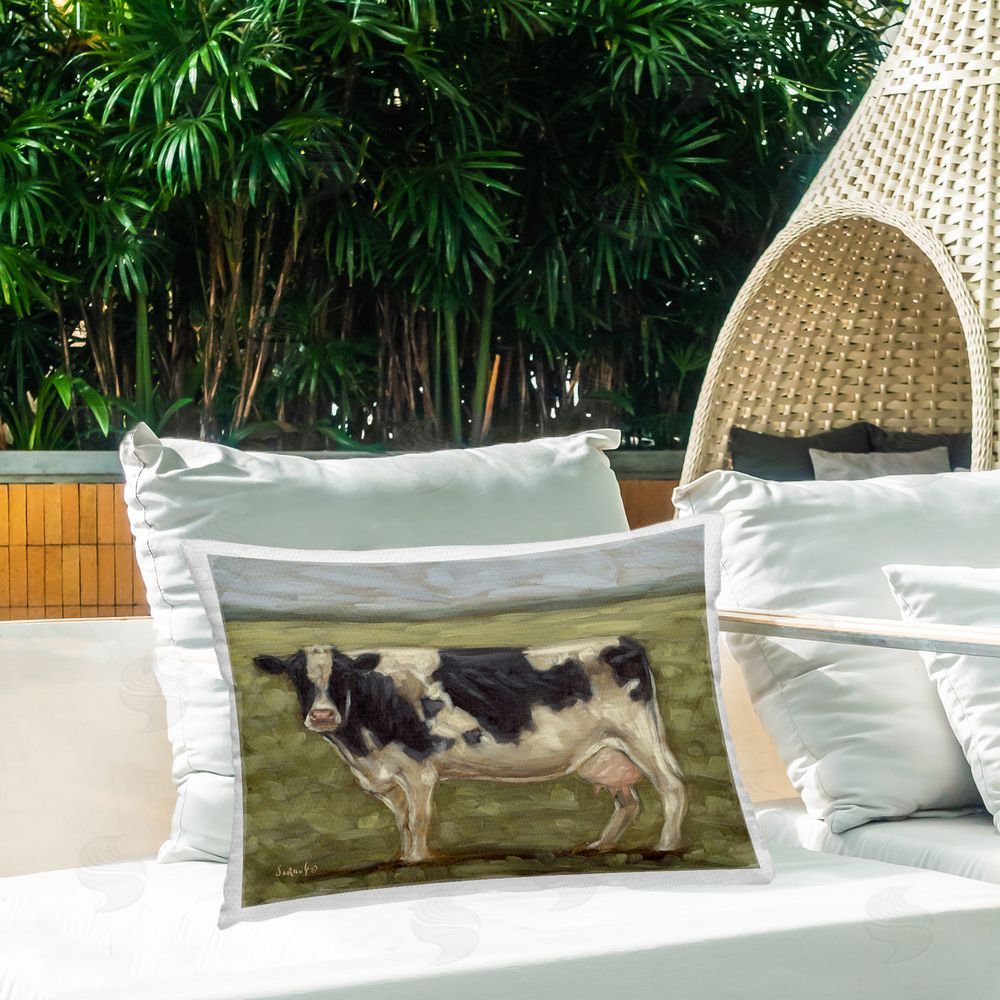 Sara G. Designs Painterly Cow on Farm Outdoor Quick-Dry Polyester Printed Throw Pillow in Back Yard
