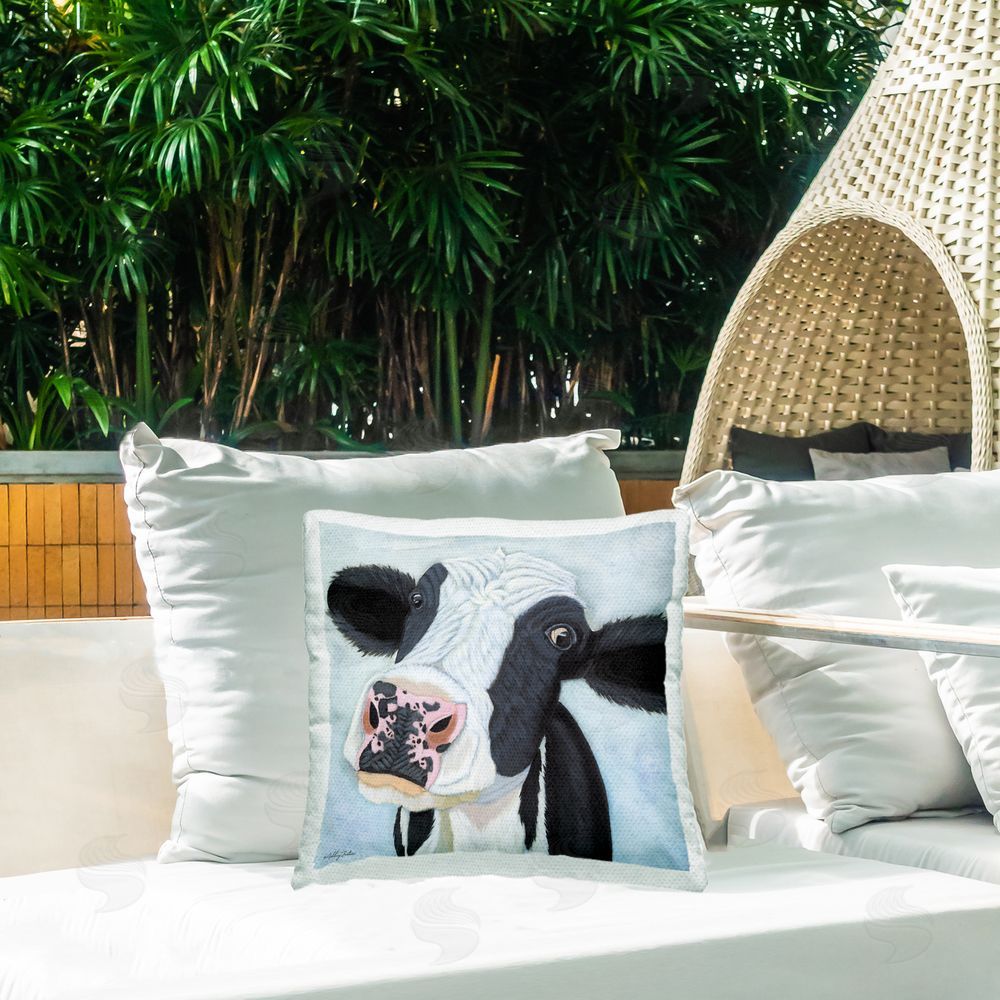 Ashley Justice Funny Cow Gaze Outdoor Quick-Dry Polyester Printed Throw Pillow in Back Yard