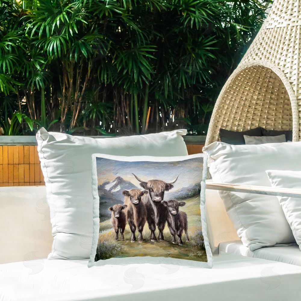 Marla Rae Cattle Family in Highlands Outdoor Quick-Dry Polyester Printed Throw Pillow in Back Yard