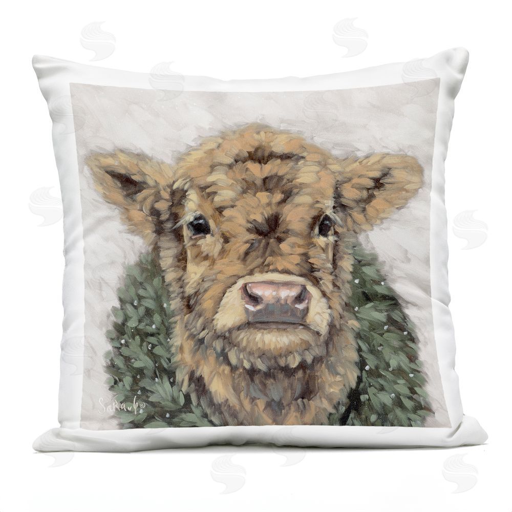 Sara G. Designs Calf with Holiday Wreath Outdoor Quick-Dry Polyester Printed Throw Pillow
