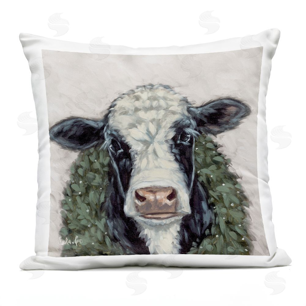 Sara G. Designs Spotted Cow with Wreath Outdoor Quick-Dry Polyester Printed Throw Pillow