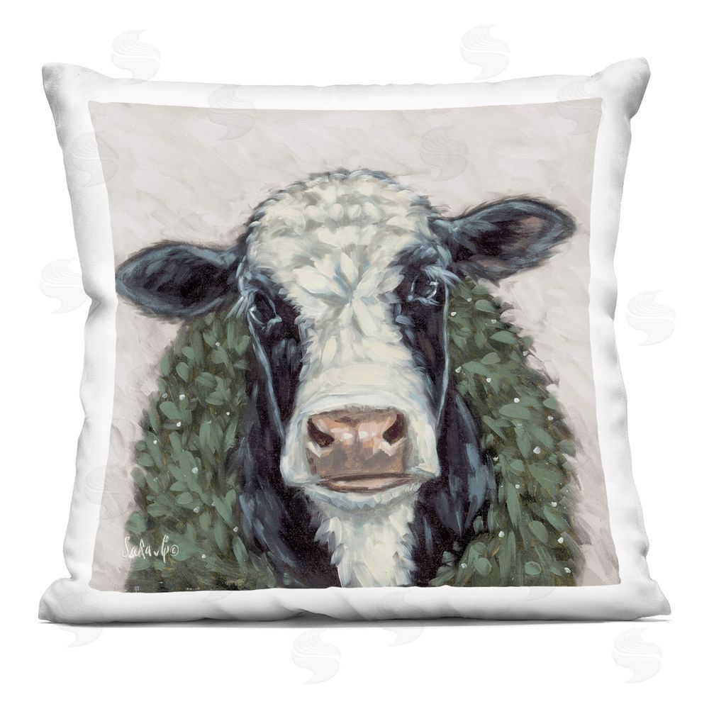 Sara G. Designs Spotted Cow with Wreath Printed Plush Polyester Throw Pillow
