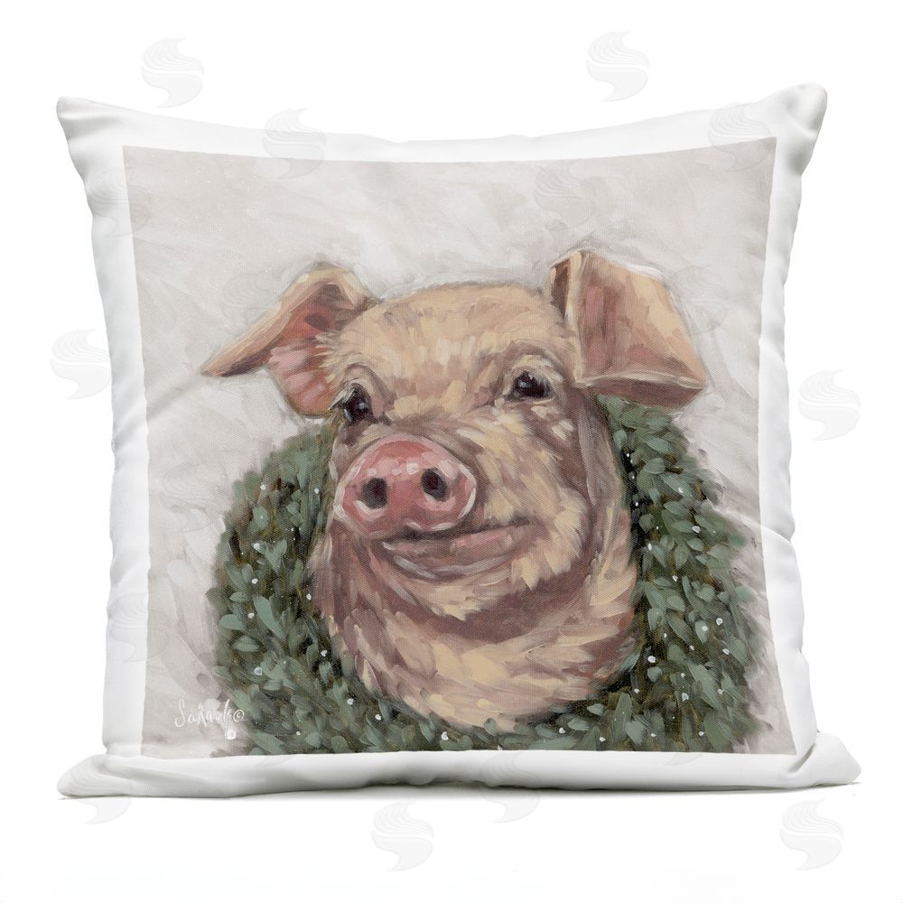 Sara G. Designs Pig with Holiday Wreath Outdoor Quick-Dry Polyester Printed Throw Pillow