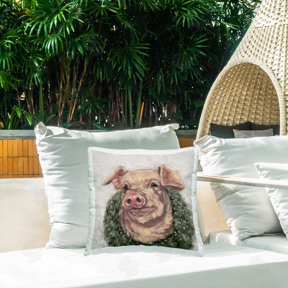 Sara G. Designs Pig with Holiday Wreath Outdoor Quick-Dry Polyester Printed Throw Pillow in Back Yard