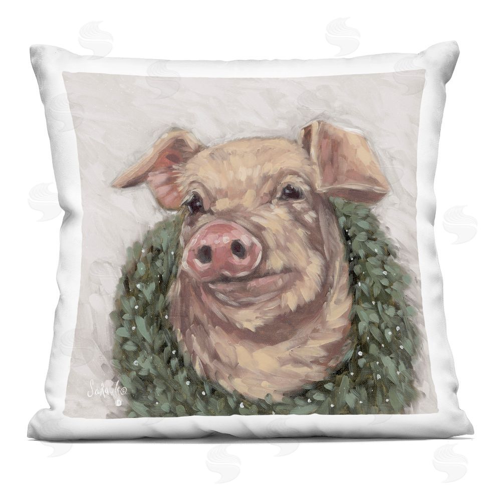 Sara G. Designs Pig with Holiday Wreath Printed Plush Polyester Throw Pillow