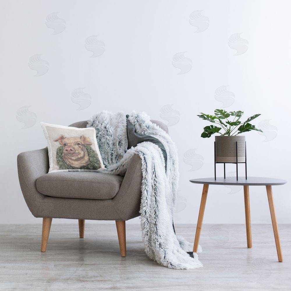 Sara G. Designs Pig with Holiday Wreath Printed Plush Polyester Throw Pillow On Chair