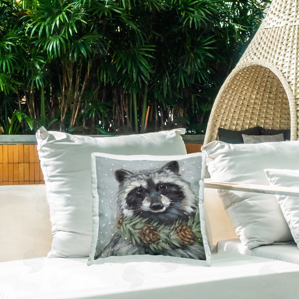 Sara G. Designs Raccoon with Pinecones Outdoor Quick-Dry Polyester Printed Throw Pillow in Back Yard