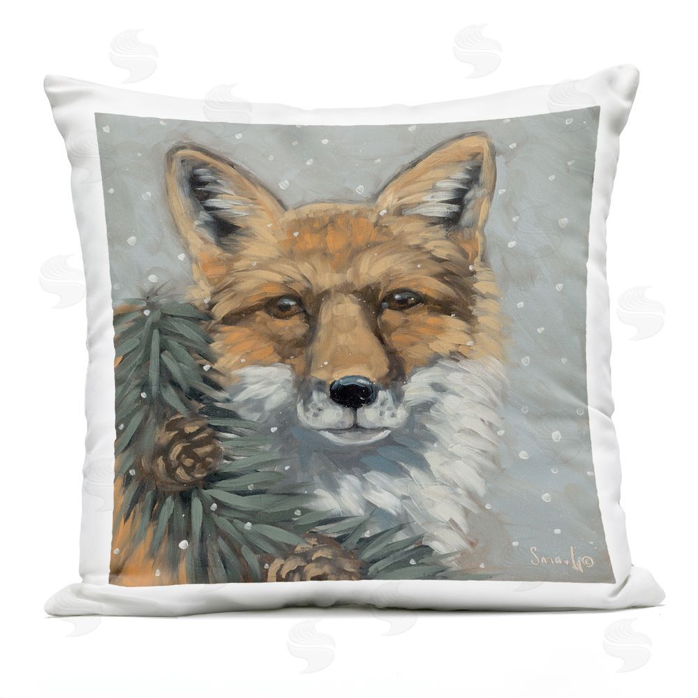 Sara G. Designs Fox with Snowy Pinecones Outdoor Quick-Dry Polyester Printed Throw Pillow