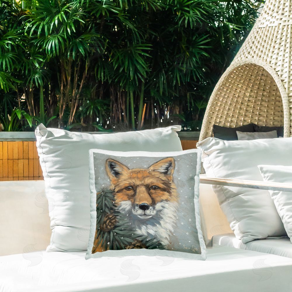 Sara G. Designs Fox with Snowy Pinecones Outdoor Quick-Dry Polyester Printed Throw Pillow in Back Yard