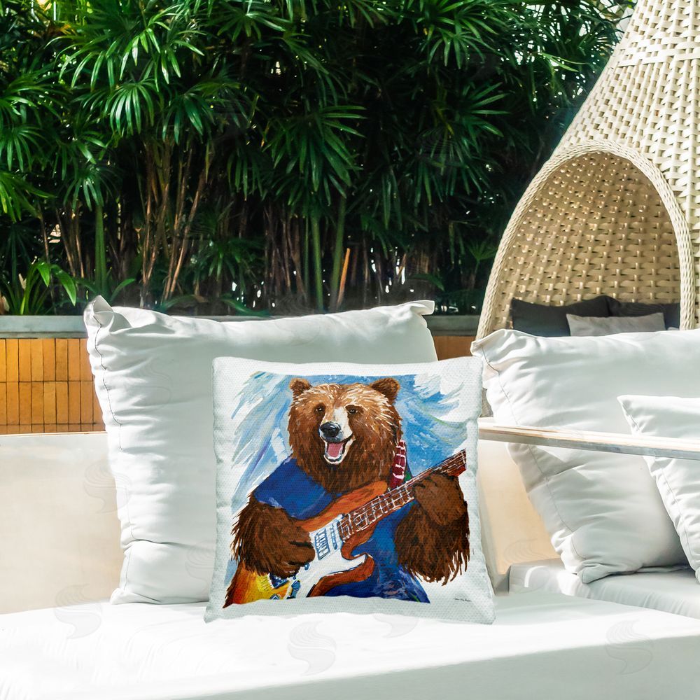 Seven Trees Design Bear Playing Guitar Outdoor Quick-Dry Polyester Printed Throw Pillow in Back Yard