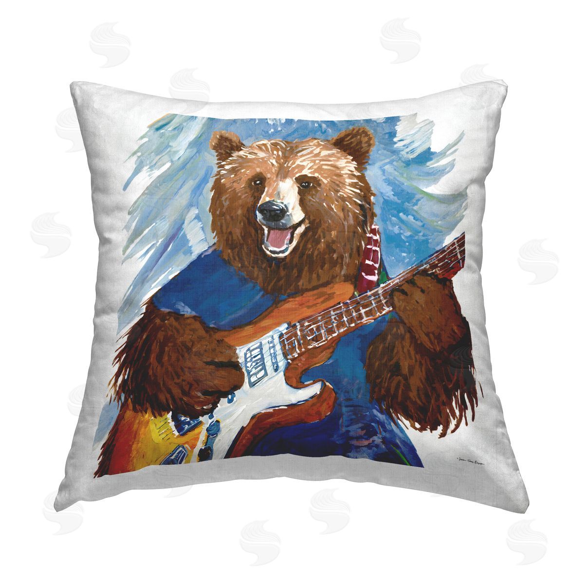 Seven Trees Design Bear Playing Guitar Printed Plush Polyester Throw Pillow