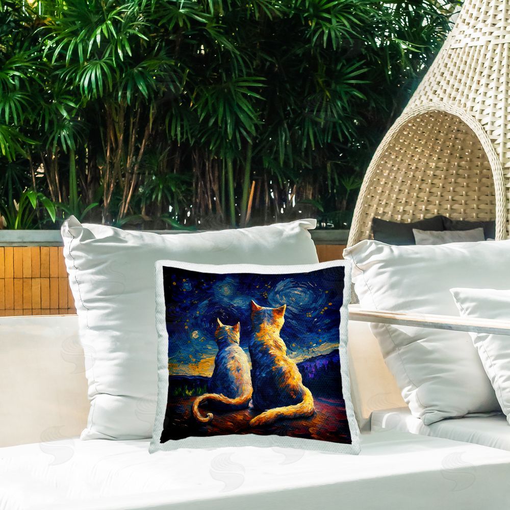 Svetlana Aleynikova Swirled Night Sky Cats Outdoor Quick-Dry Polyester Printed Throw Pillow in Back Yard