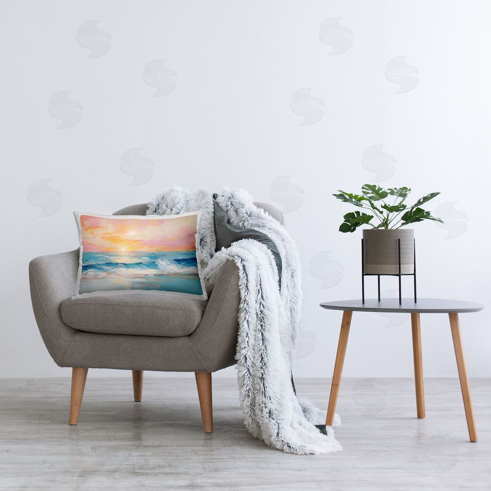 Arlington Prints Beach Waves Bright Sunset Printed Plush Polyester Throw Pillow On Chair