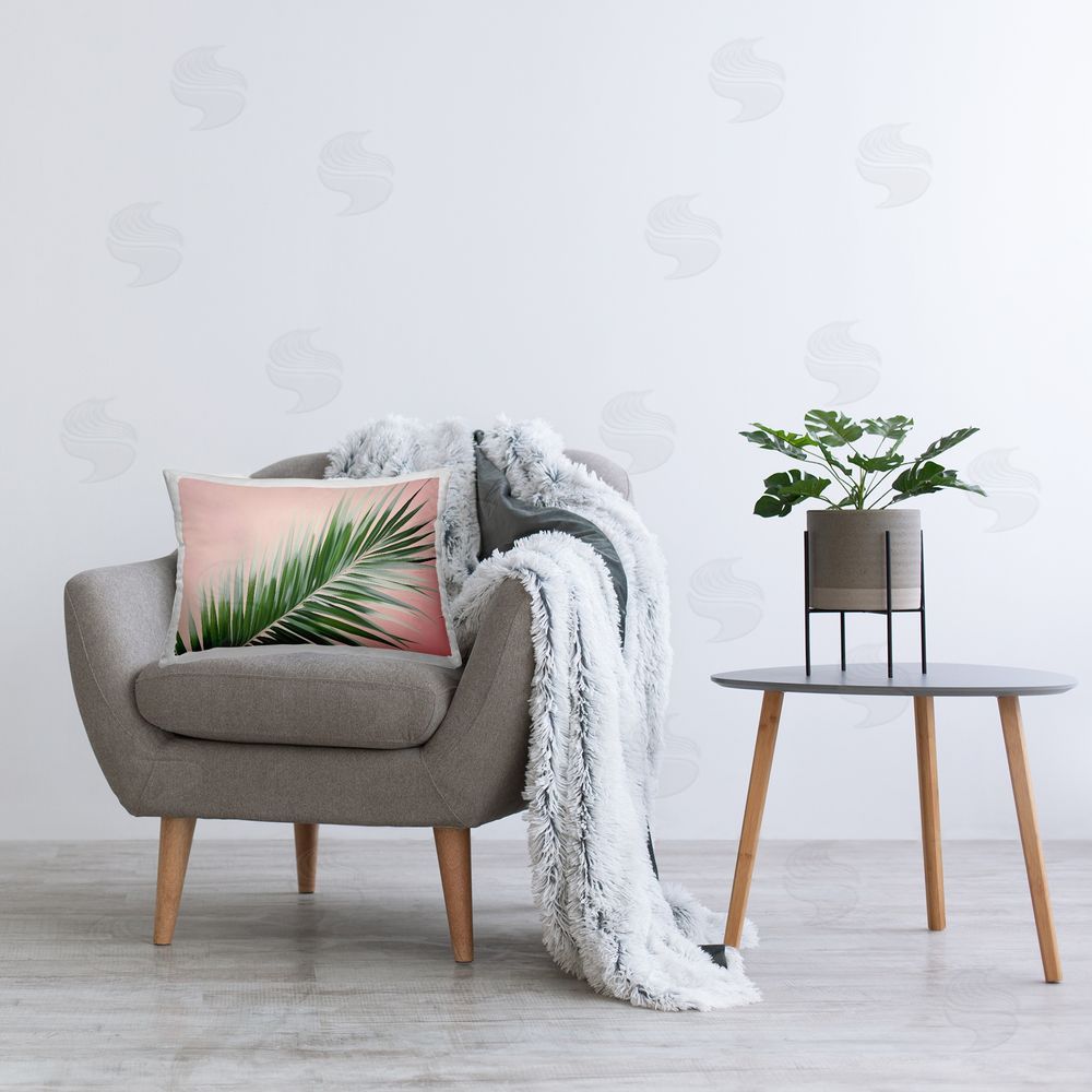 Arlington Prints Whispy Palm Leaf on Pink Printed Plush Polyester Throw Pillow On Chair
