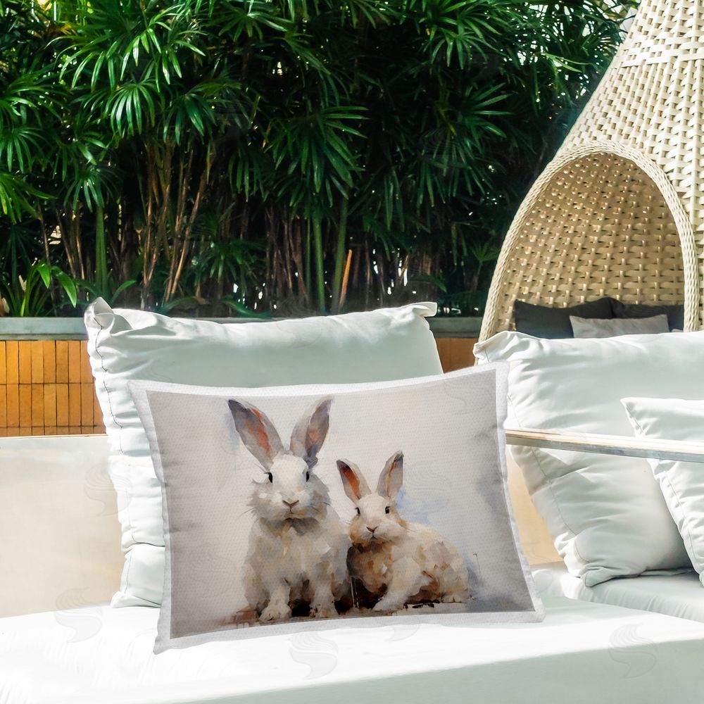 Arlington Prints Fluffy Spring Bunnies Outdoor Quick-Dry Polyester Printed Throw Pillow in Back Yard