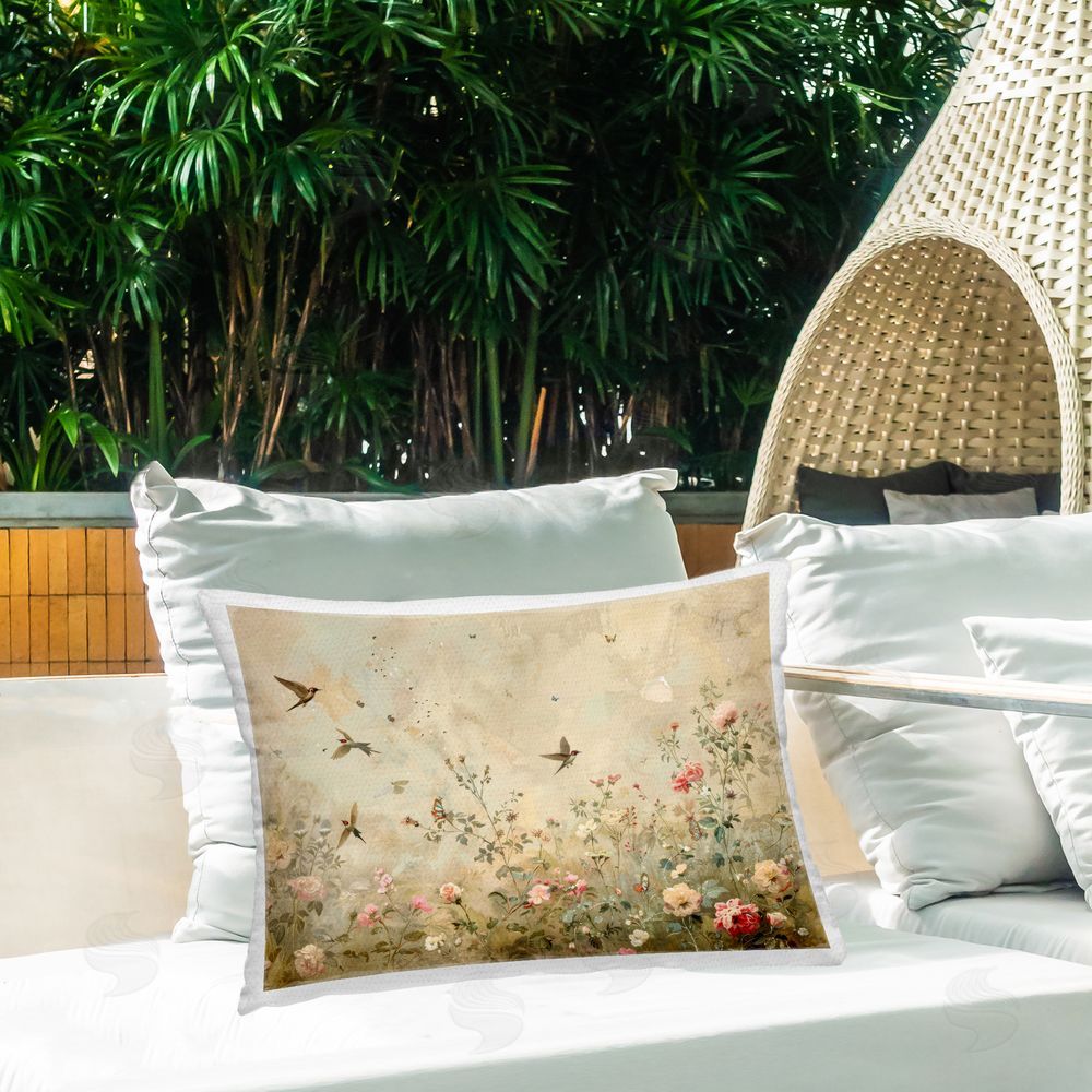Arlington Prints Swallows in Flower Meadow Outdoor Quick-Dry Polyester Printed Throw Pillow in Back Yard