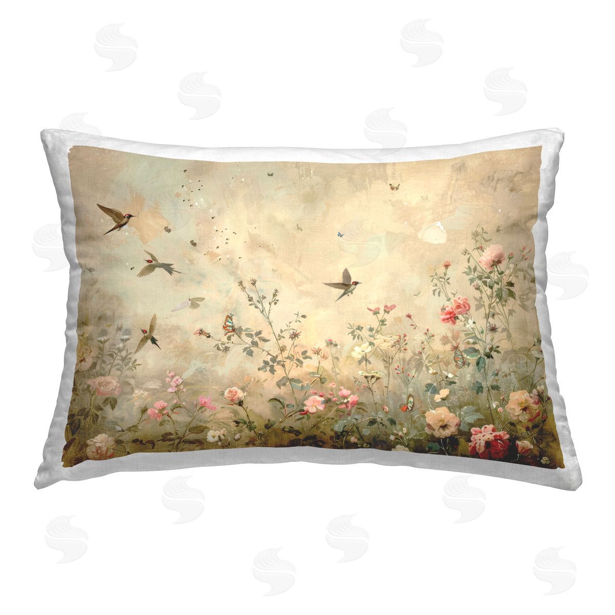 Arlington Prints Swallows in Flower Meadow Printed Plush Polyester Throw Pillow