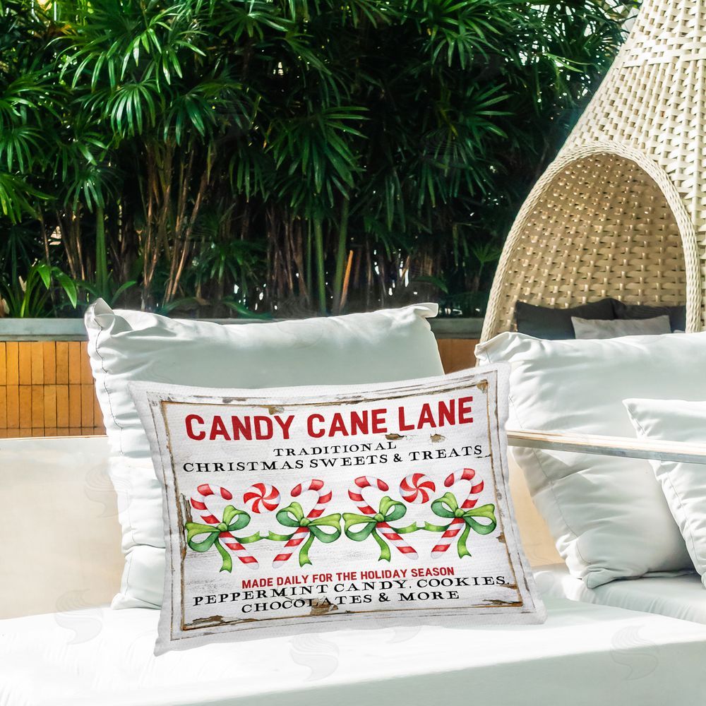 Creatif Belle Candy Cane Lane Sign Outdoor Quick-Dry Polyester Printed Throw Pillow in Back Yard