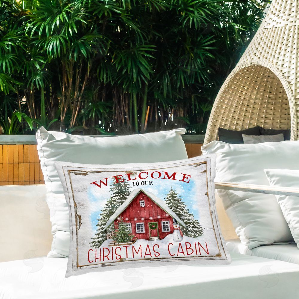 Creatif Belle Christmas Cabin Welcome Outdoor Quick-Dry Polyester Printed Throw Pillow in Back Yard