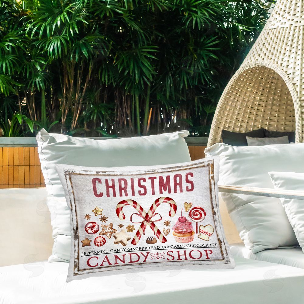 Creatif Belle Candy Shop Christmas Outdoor Quick-Dry Polyester Printed Throw Pillow in Back Yard