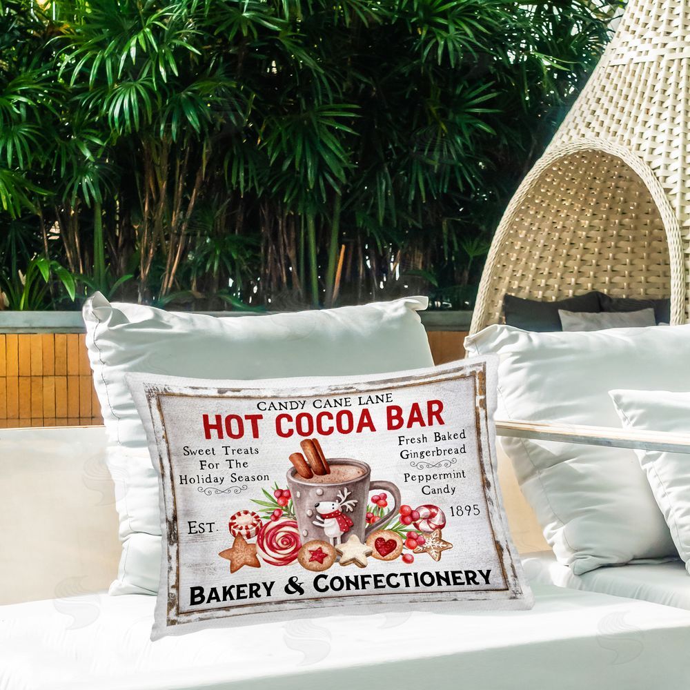 Creatif Belle Hot Cocoa Confectionery Outdoor Quick-Dry Polyester Printed Throw Pillow in Back Yard