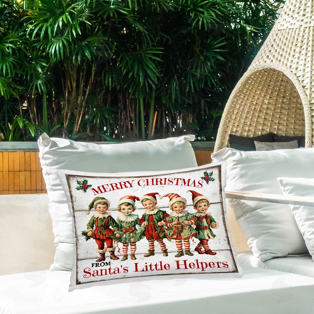 Creatif Belle Santa's Helpers Elves Outdoor Quick-Dry Polyester Printed Throw Pillow in Back Yard