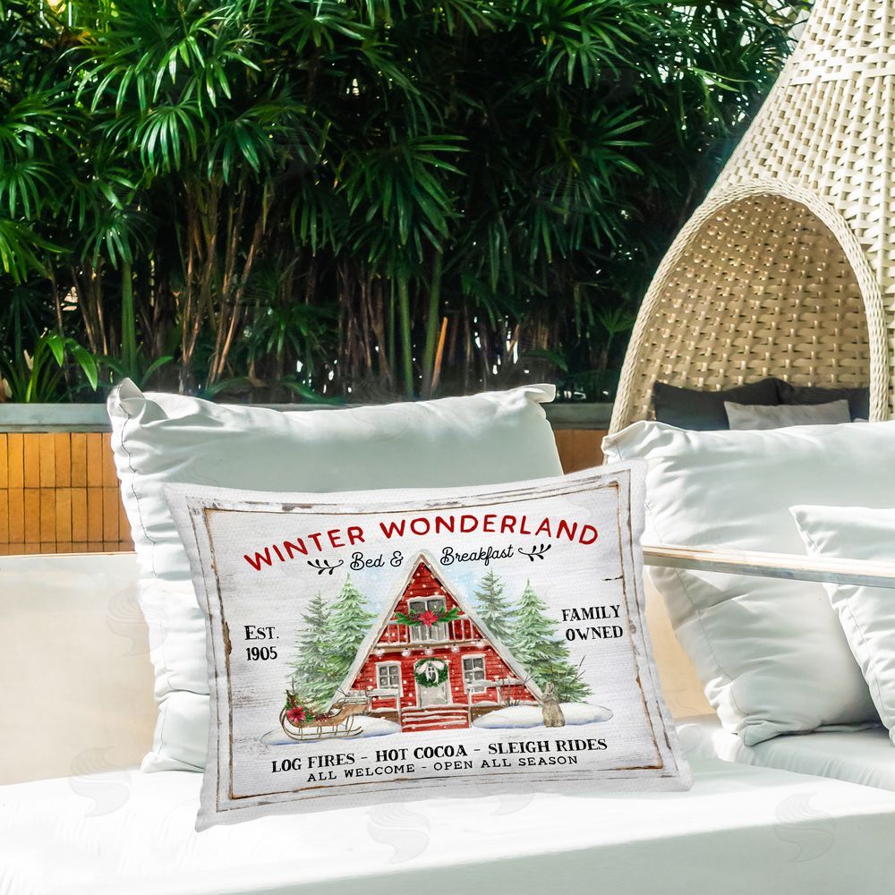 Creatif Belle Wonderland Christmas Cabin Outdoor Quick-Dry Polyester Printed Throw Pillow in Back Yard