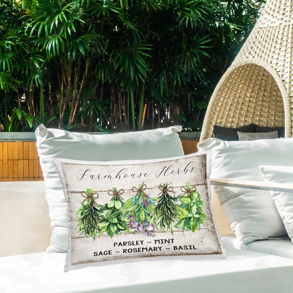 Creatif Belle Vintage Farm Market Herbs Outdoor Quick-Dry Polyester Printed Throw Pillow in Back Yard