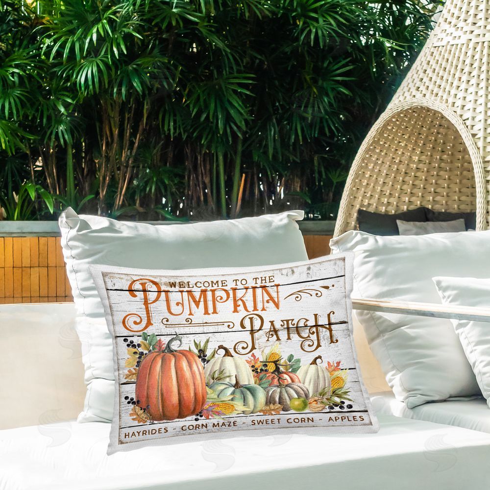 Creatif Belle Welcome Pumpkin Patch Outdoor Quick-Dry Polyester Printed Throw Pillow in Back Yard