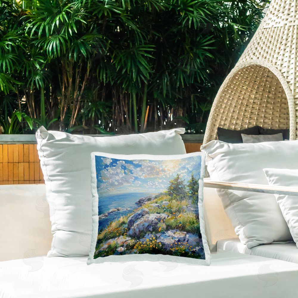 LSR Design Studio Cliffside Sea View Outdoor Quick-Dry Polyester Printed Throw Pillow in Back Yard