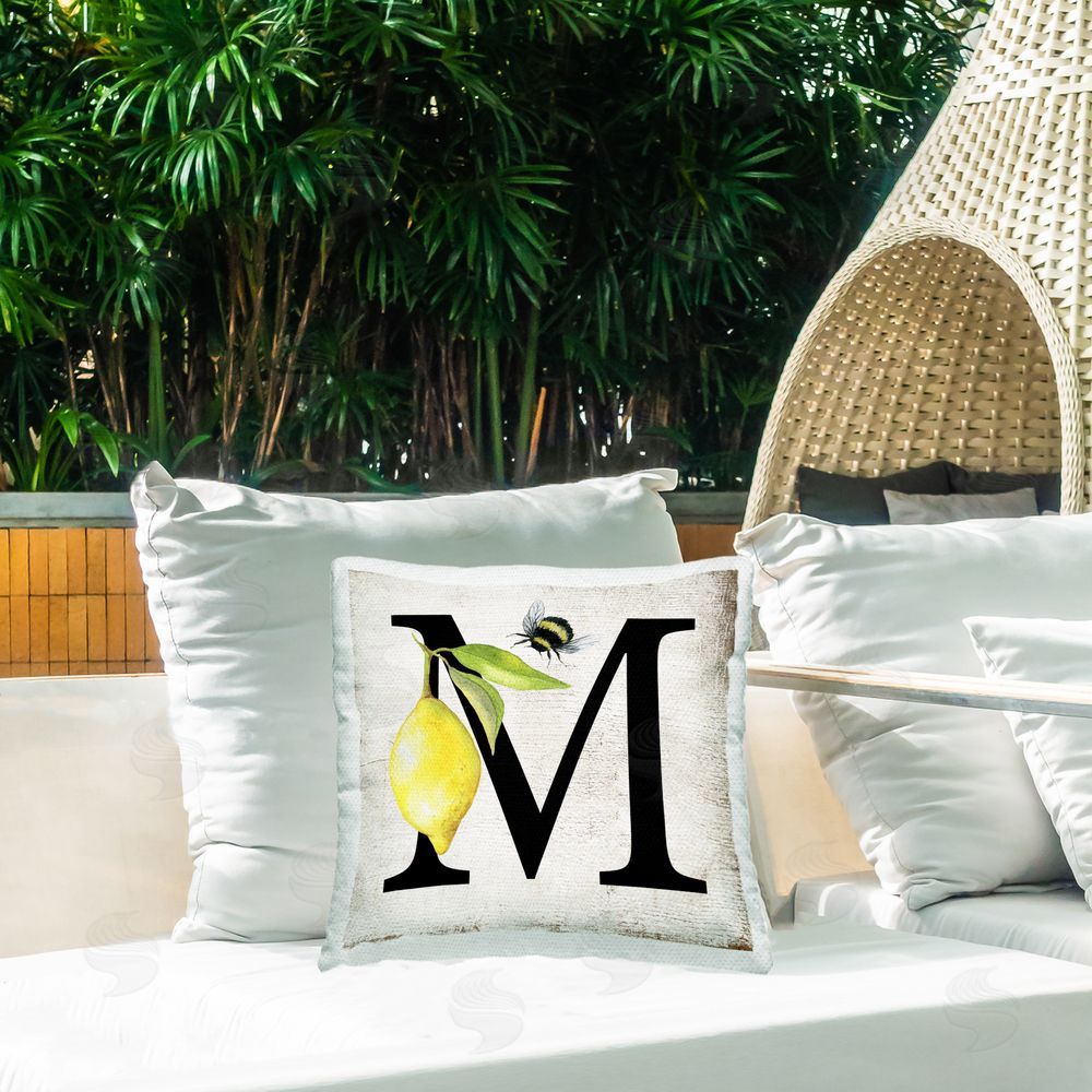 Creatif Belle Lemon & Bee M Letter Outdoor Quick-Dry Polyester Printed Throw Pillow in Back Yard