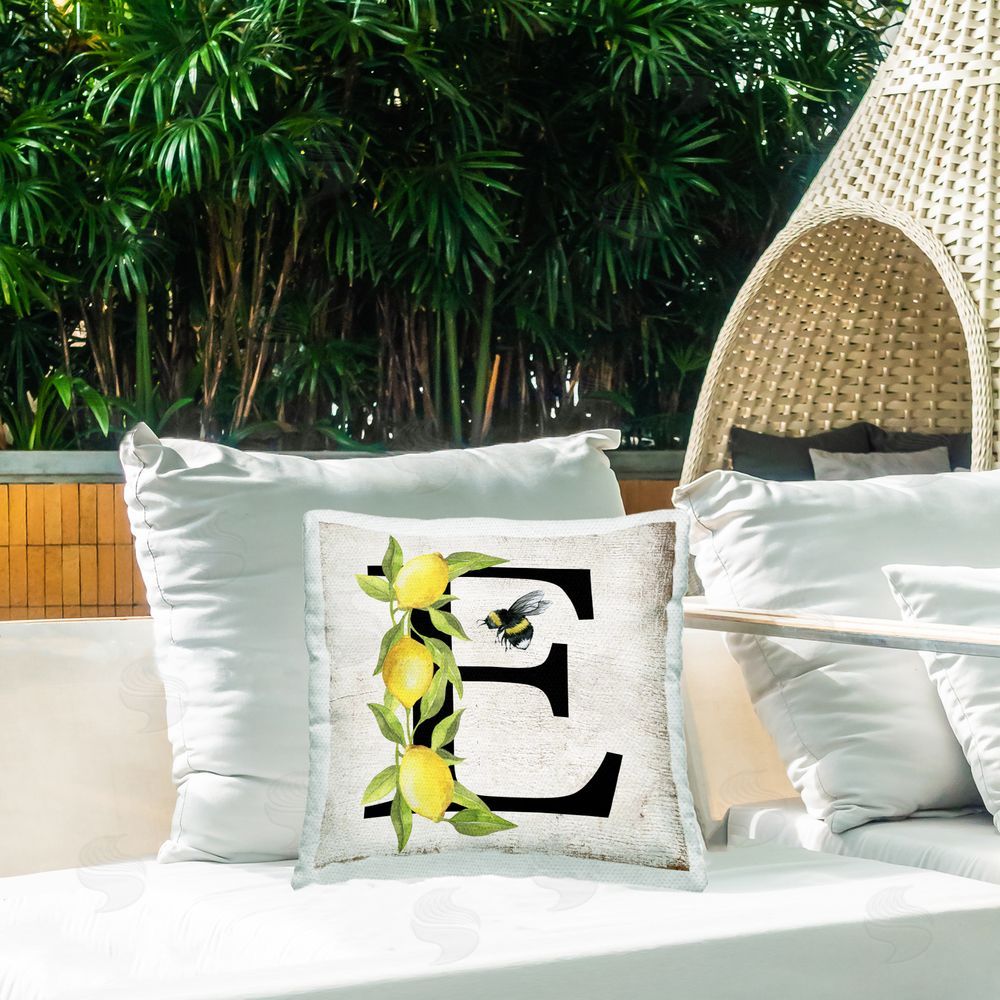 Creatif Belle Lemon & Bee E Letter Outdoor Quick-Dry Polyester Printed Throw Pillow in Back Yard