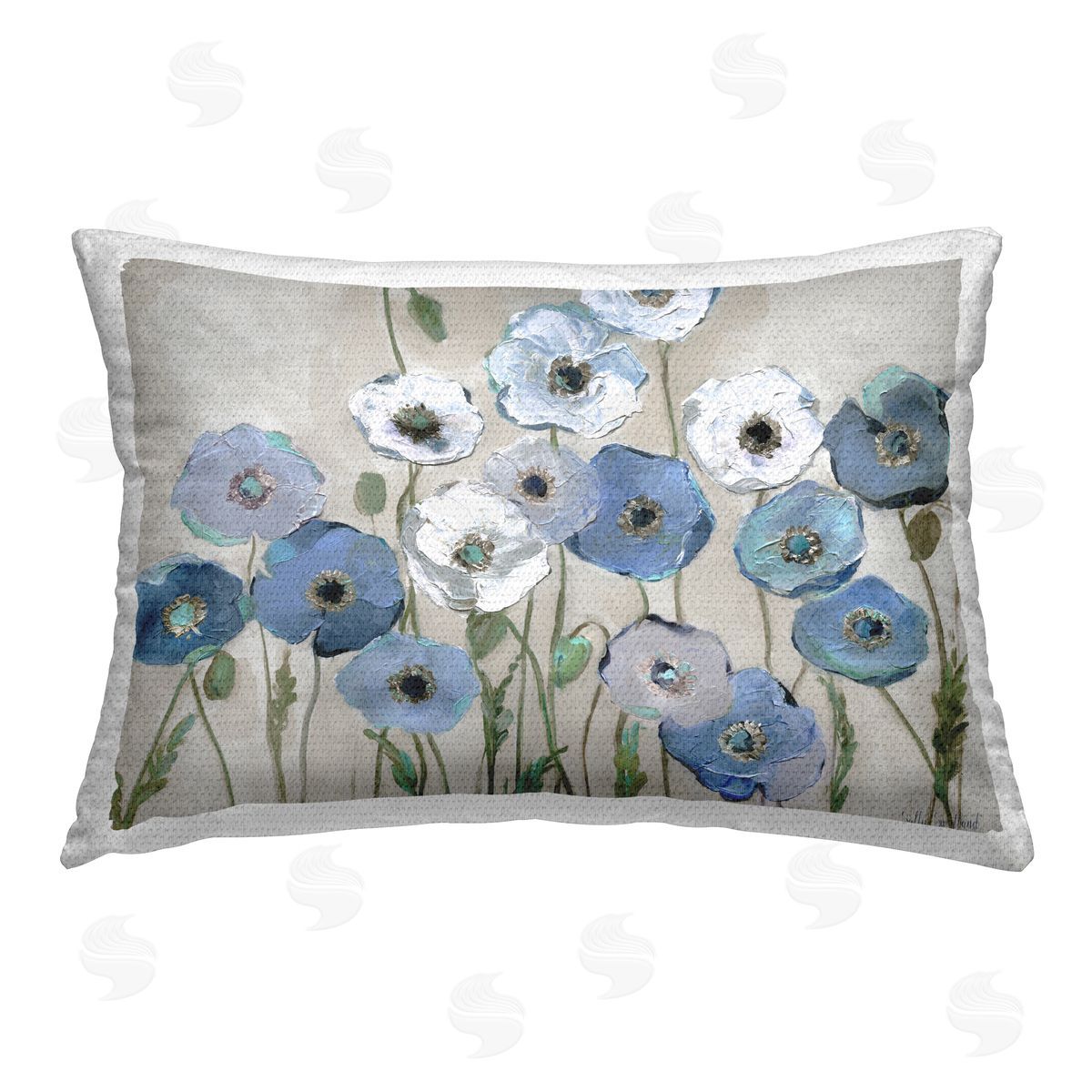 Sally Swatland Round Blue & White Poppies Outdoor Quick-Dry Polyester Printed Throw Pillow
