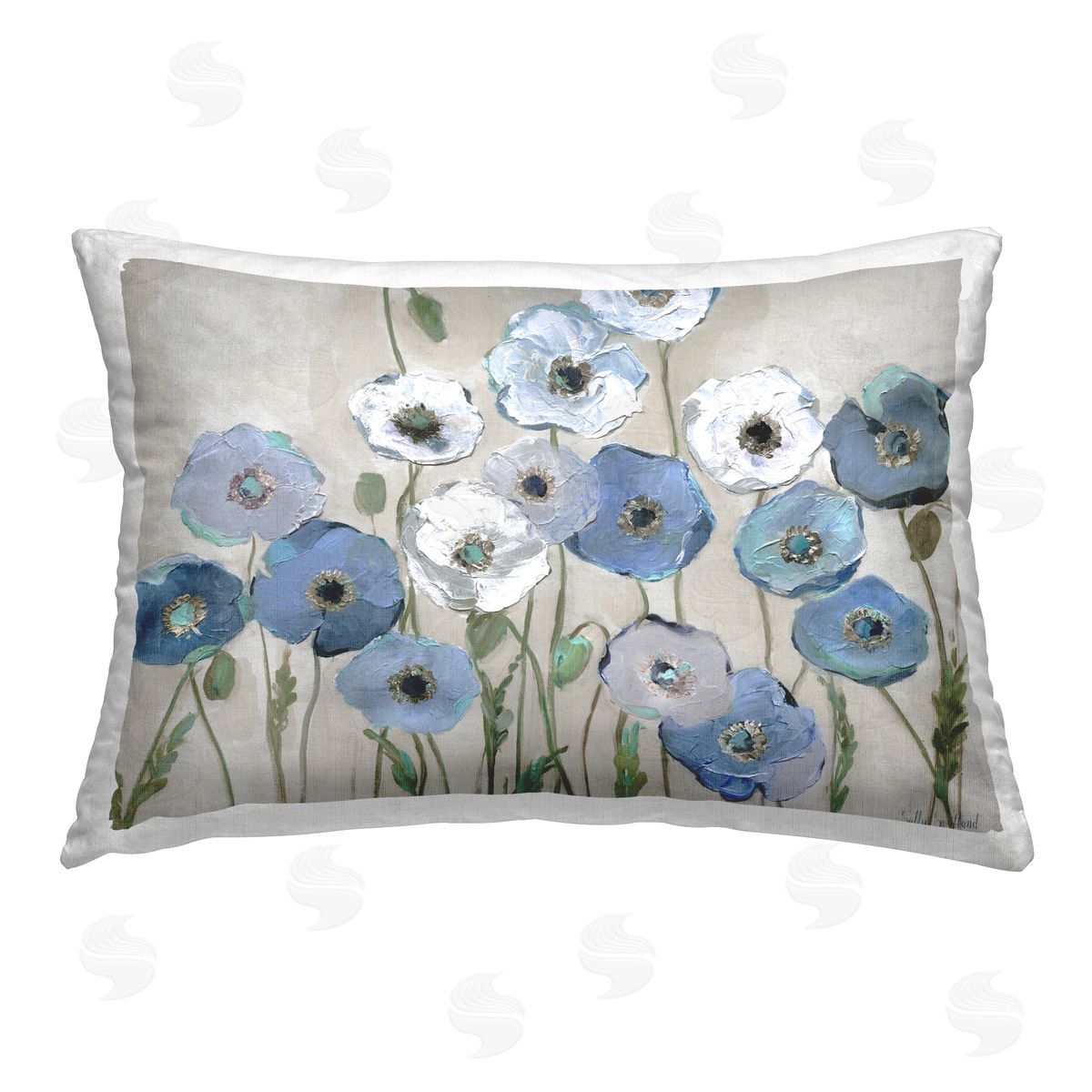 Sally Swatland Round Blue & White Poppies Printed Plush Polyester Throw Pillow