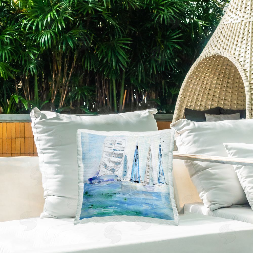 Val Rhodes Maritime Outlined Sailboats Outdoor Quick-Dry Polyester Printed Throw Pillow in Back Yard