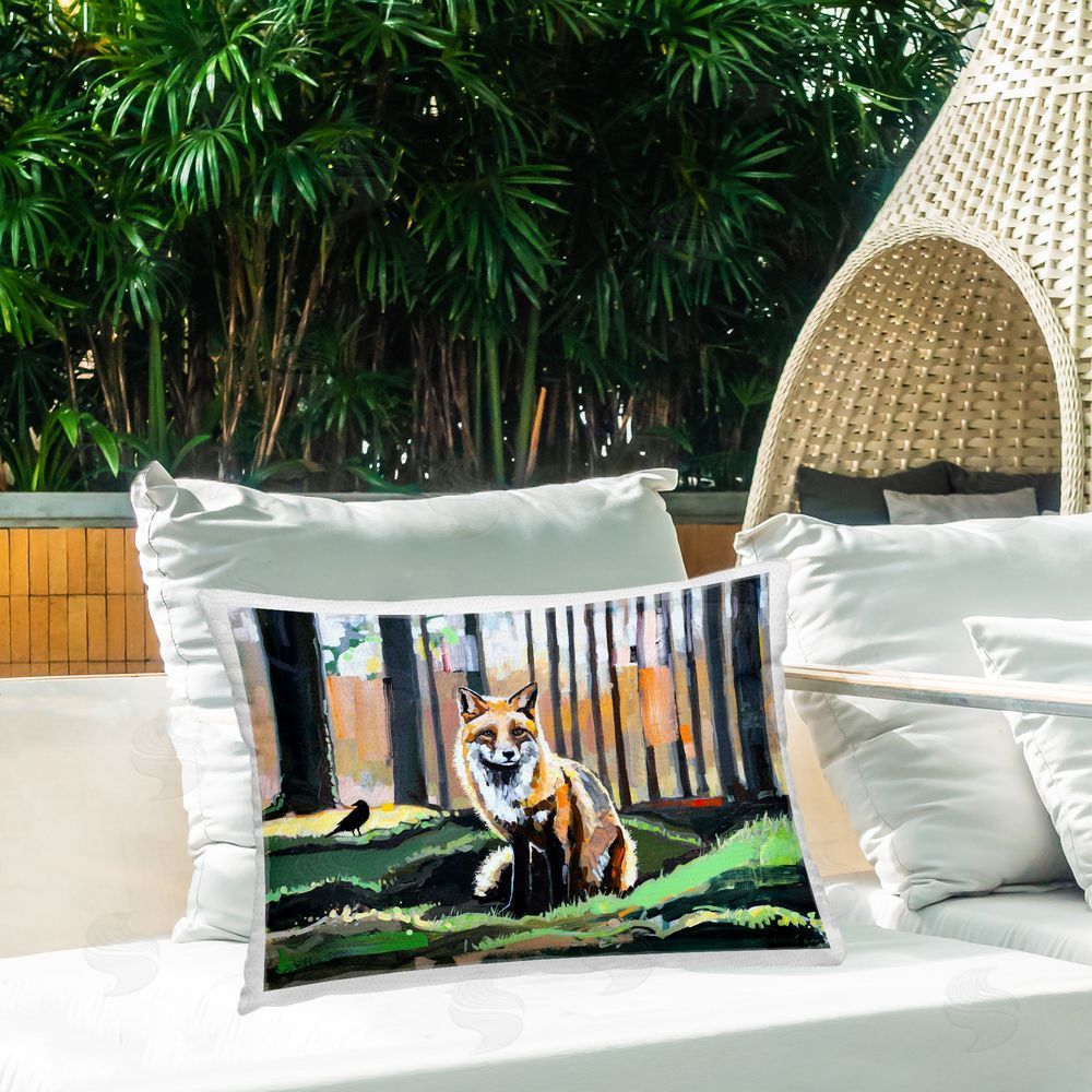 Adam Swanson Fox in Forest Trees Outdoor Quick-Dry Polyester Printed Throw Pillow in Back Yard