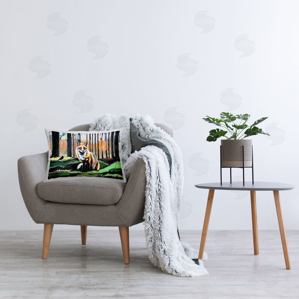 Adam Swanson Fox in Forest Trees Printed Plush Polyester Throw Pillow On Chair