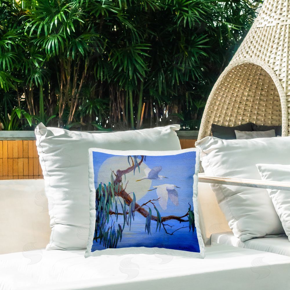 Floy Zittin Shining Moon & Birds Outdoor Quick-Dry Polyester Printed Throw Pillow in Back Yard