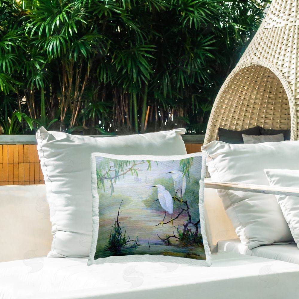 Floy Zittin Egrets & Marshland Edge Outdoor Quick-Dry Polyester Printed Throw Pillow in Back Yard