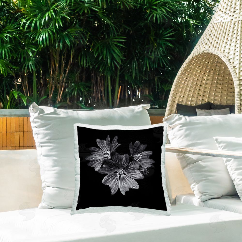 Brian Carson Blossom Trio on Black Outdoor Quick-Dry Polyester Printed Throw Pillow in Back Yard