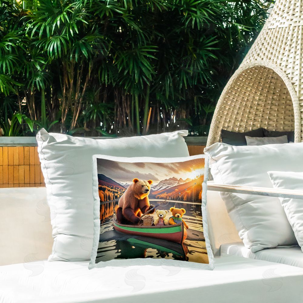 Alina Georgescu Bear & Friends on Boat Outdoor Quick-Dry Polyester Printed Throw Pillow in Back Yard