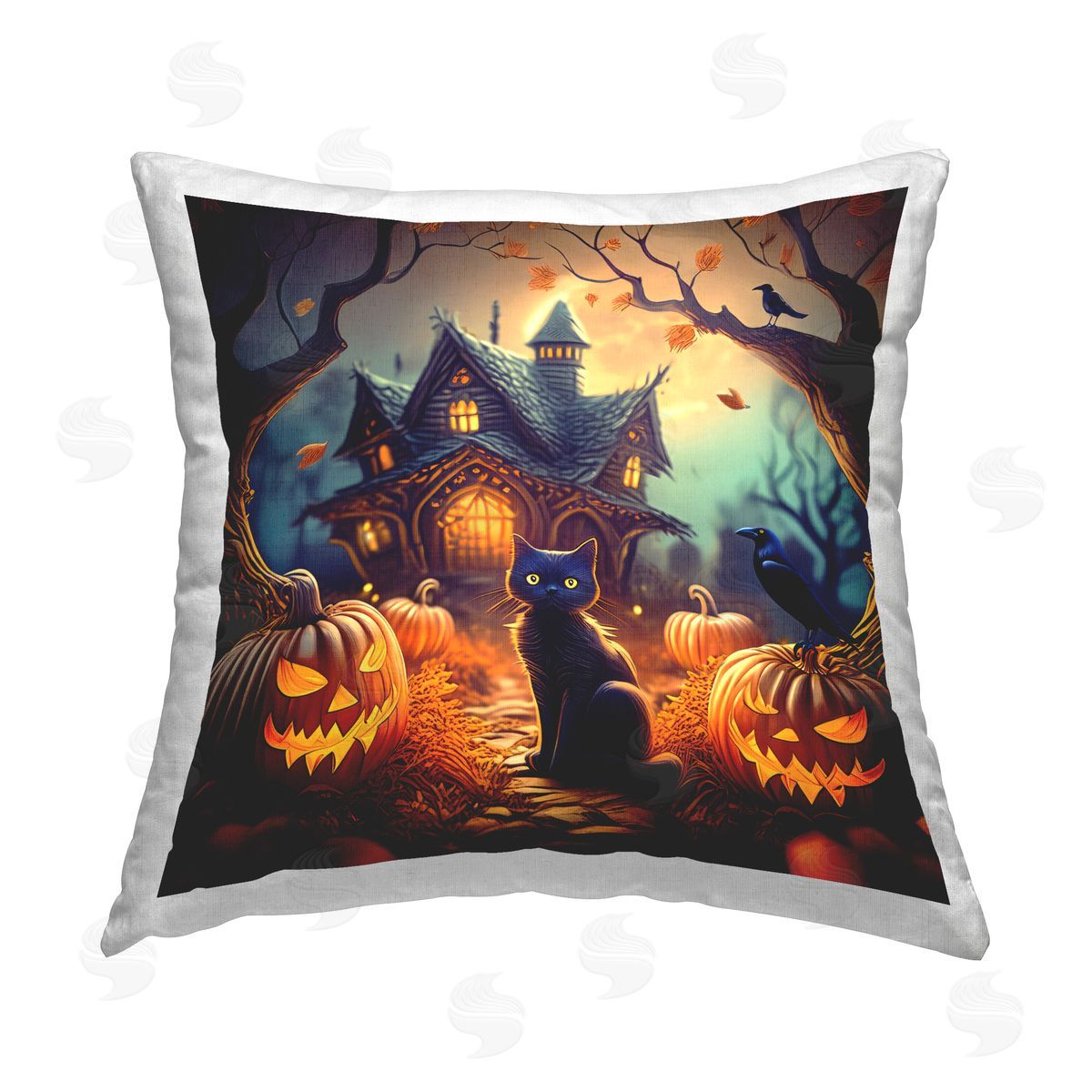 Alina Georgescu Haunted House & Black Cat Printed Plush Polyester Throw Pillow