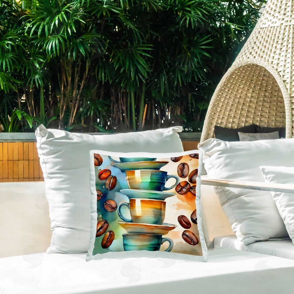 Alina Georgescu Coffee Beans & Mugs Outdoor Quick-Dry Polyester Printed Throw Pillow in Back Yard
