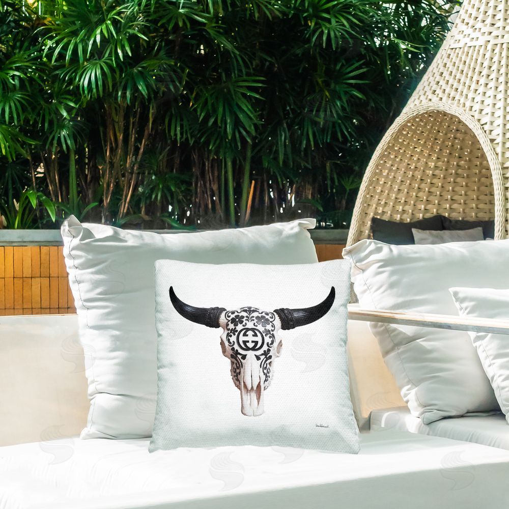 Amanda Greenwood Western Fashion Skull Outdoor Quick-Dry Polyester Printed Throw Pillow in Back Yard