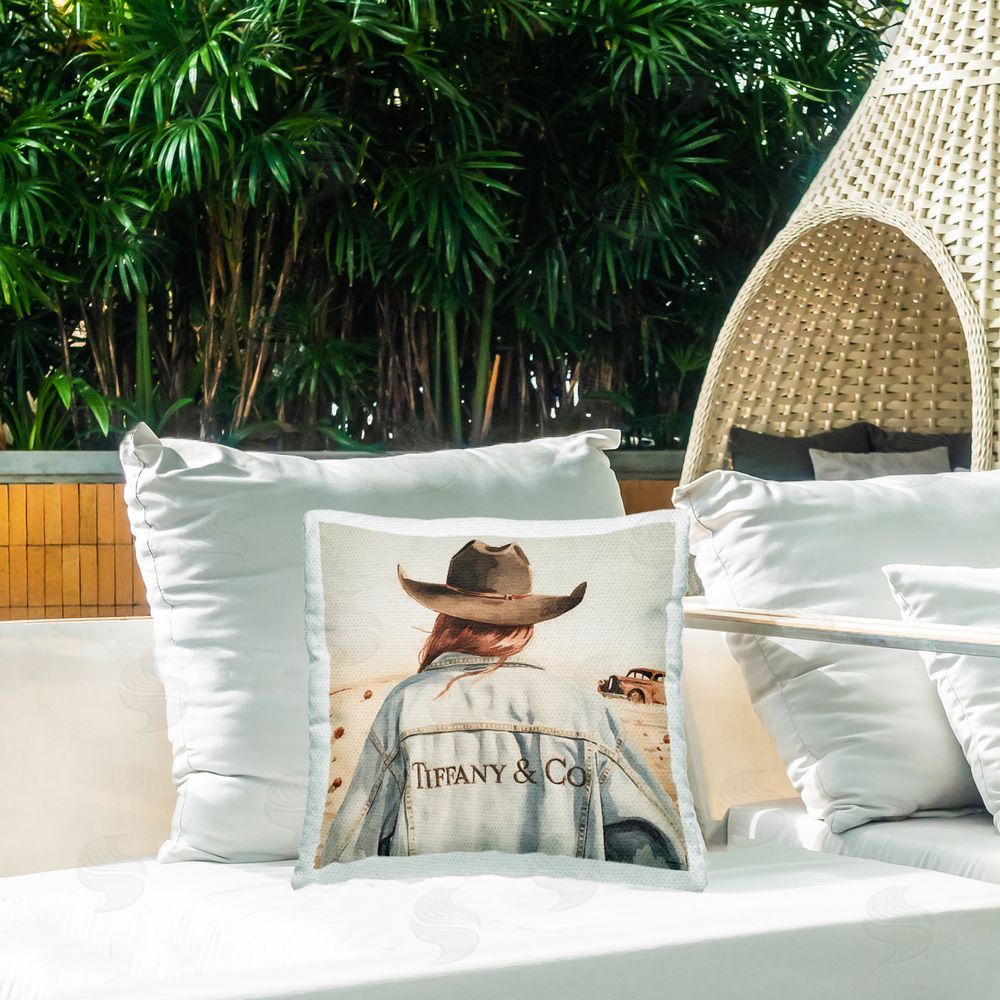 Amanda Greenwood Trendy Brunette Cowgirl Outdoor Quick-Dry Polyester Printed Throw Pillow in Back Yard